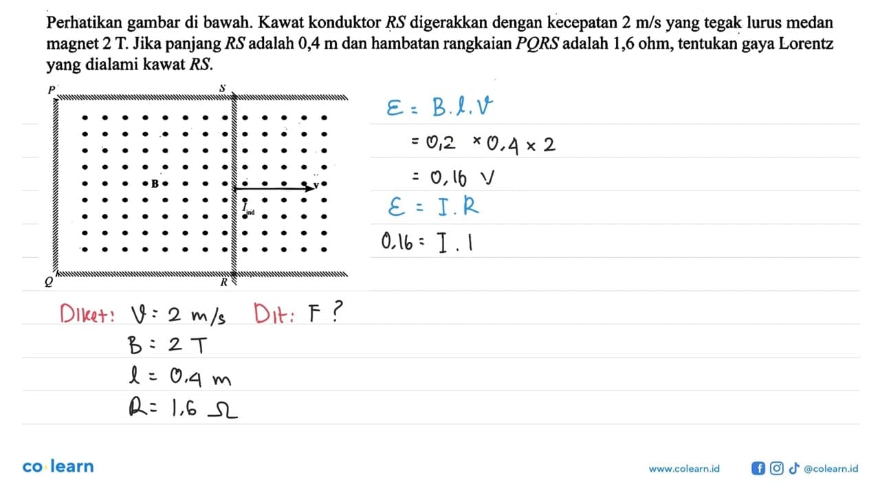 Perhatikan gambar di bawah. Kawat konduktor RS digerakkan