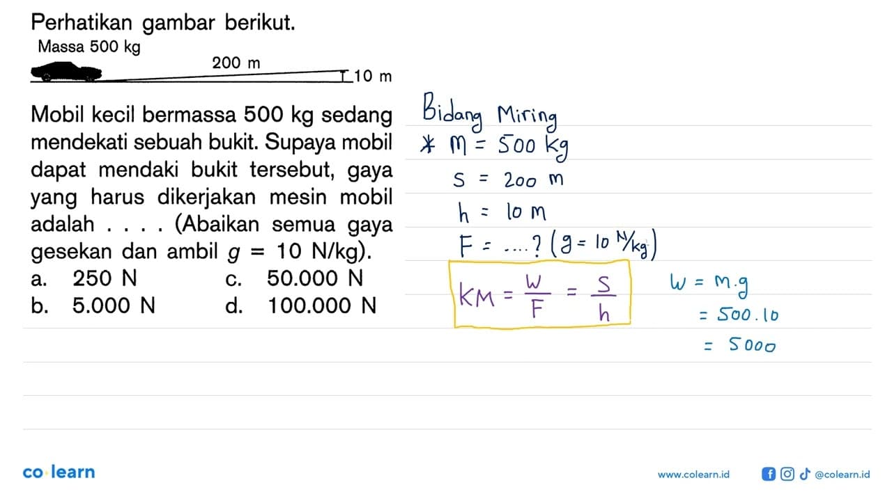 Perhatikan gambar berikut. Massa 500 kg 200 m 10 m Mobil