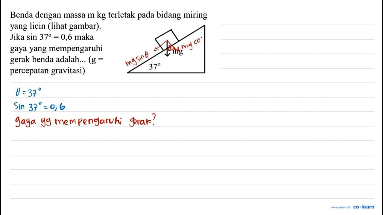 Benda dengan massa m kg terletak pada bidang miring yang