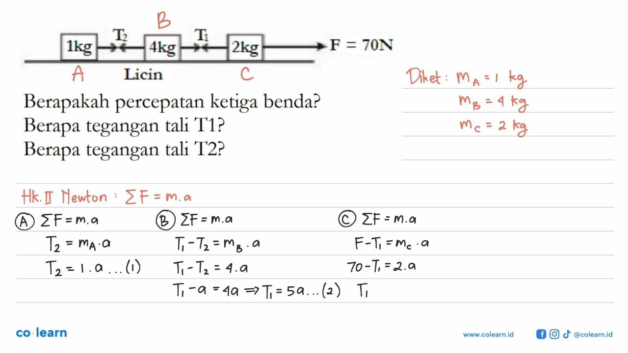 1kg T2 4kg T1 2kg F=70N Licin Berapakah percepatan ketiga