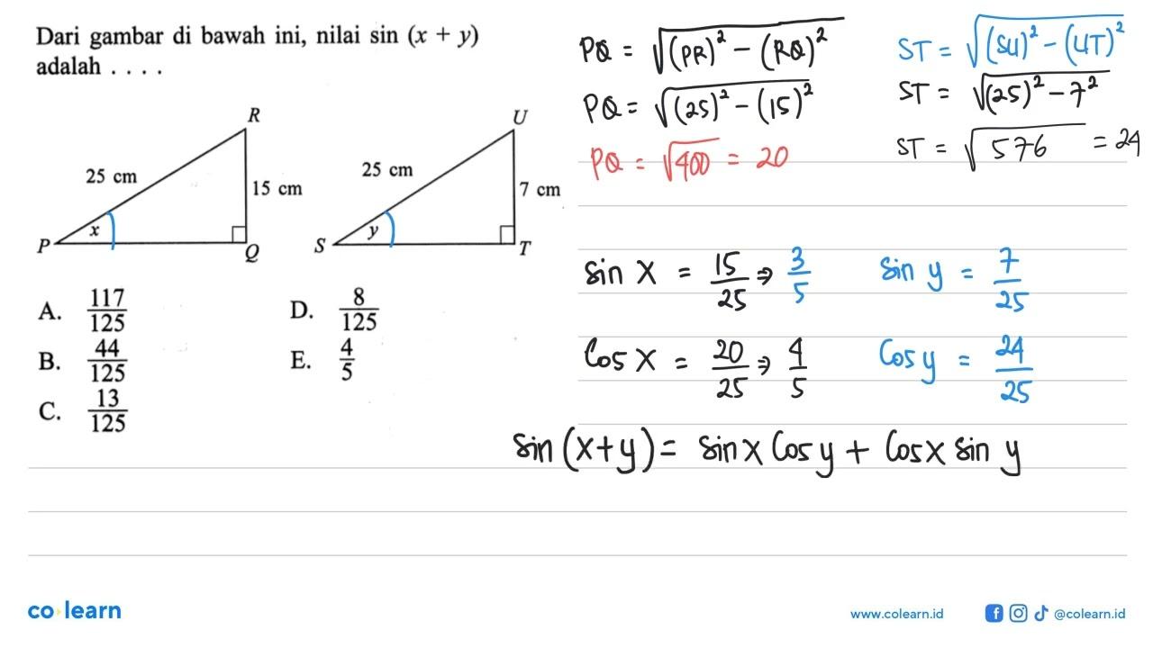 Dari gambar di bawah ini, nilai sin (x+y) adalah .... P Q R