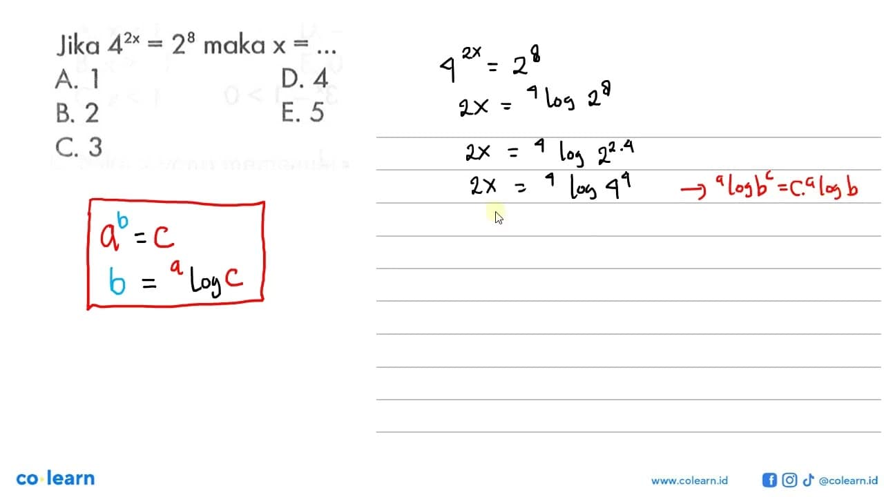 Jika 4^(2x)=2^8 maka x=...