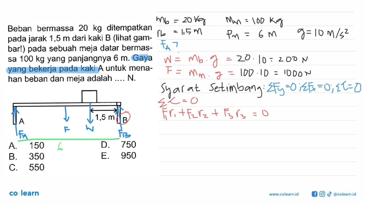 Beban bermassa 20 kg ditempatkan pada jarak 1,5 m dari kaki