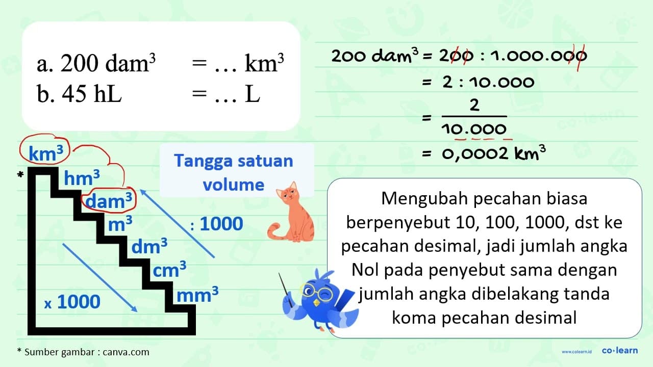 a. 200 dam^3=... km^3 b. 45 hL =... L