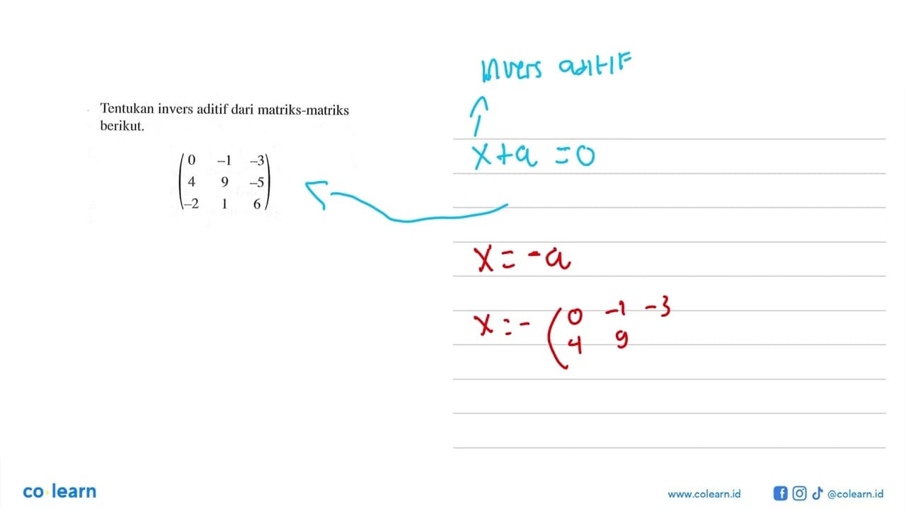 Tentukan invers aditif dari matriks-matriks berikut. (0 -1