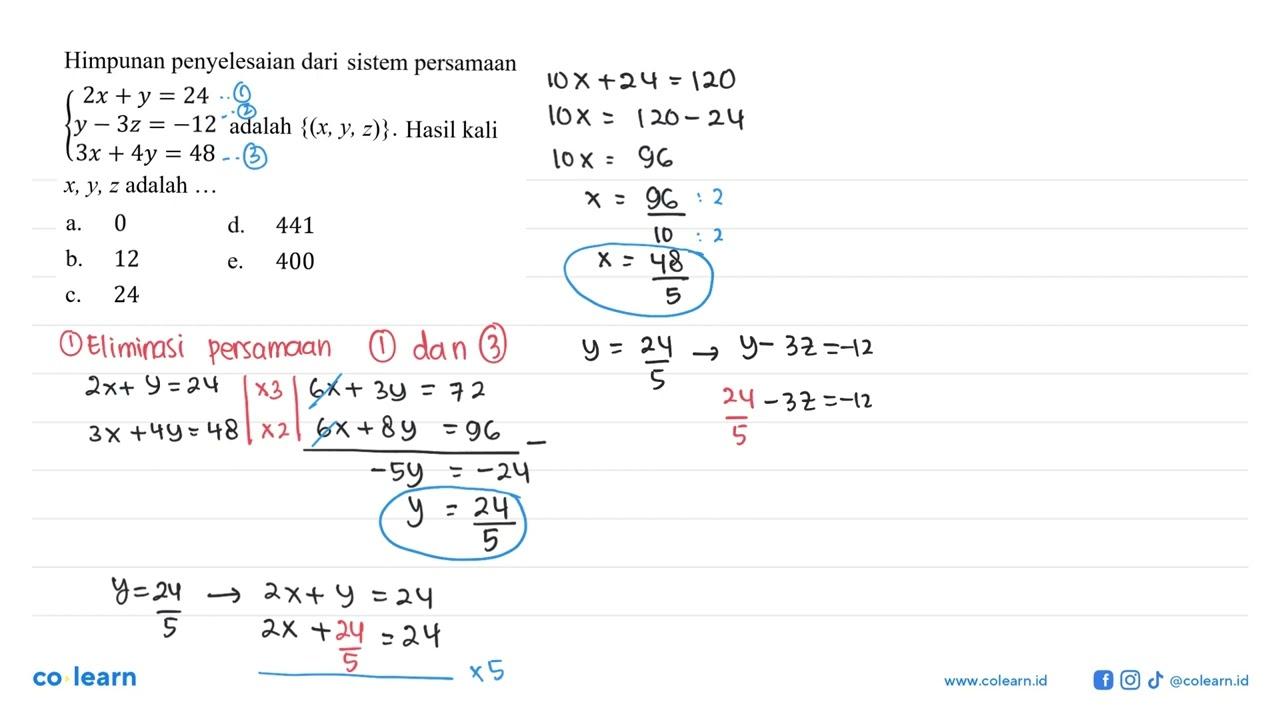 Himpunan penyelesaian dari sistem persamaan 2x+y=24