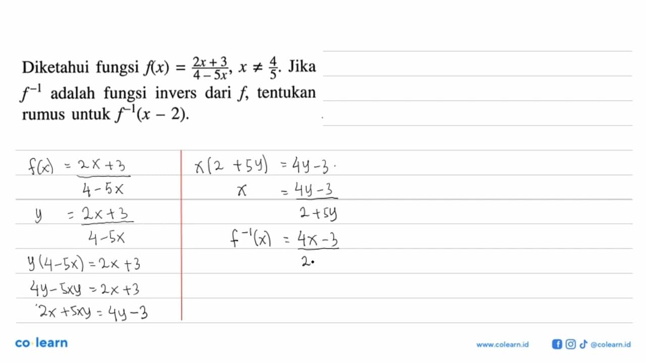 Diketahui fungsi f(x)=(2x+3)/(4-5x), x =/= 4/5 . Jika