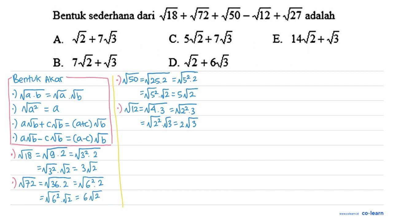 Bentuk sederhana dari akar(18) + akar(72) + akar(50) -