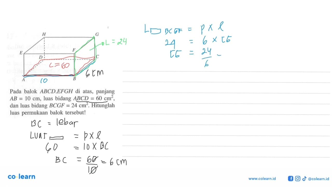 Pada balok ABCD.EFGH di atas, panjang AB=10 cm, luas bidang