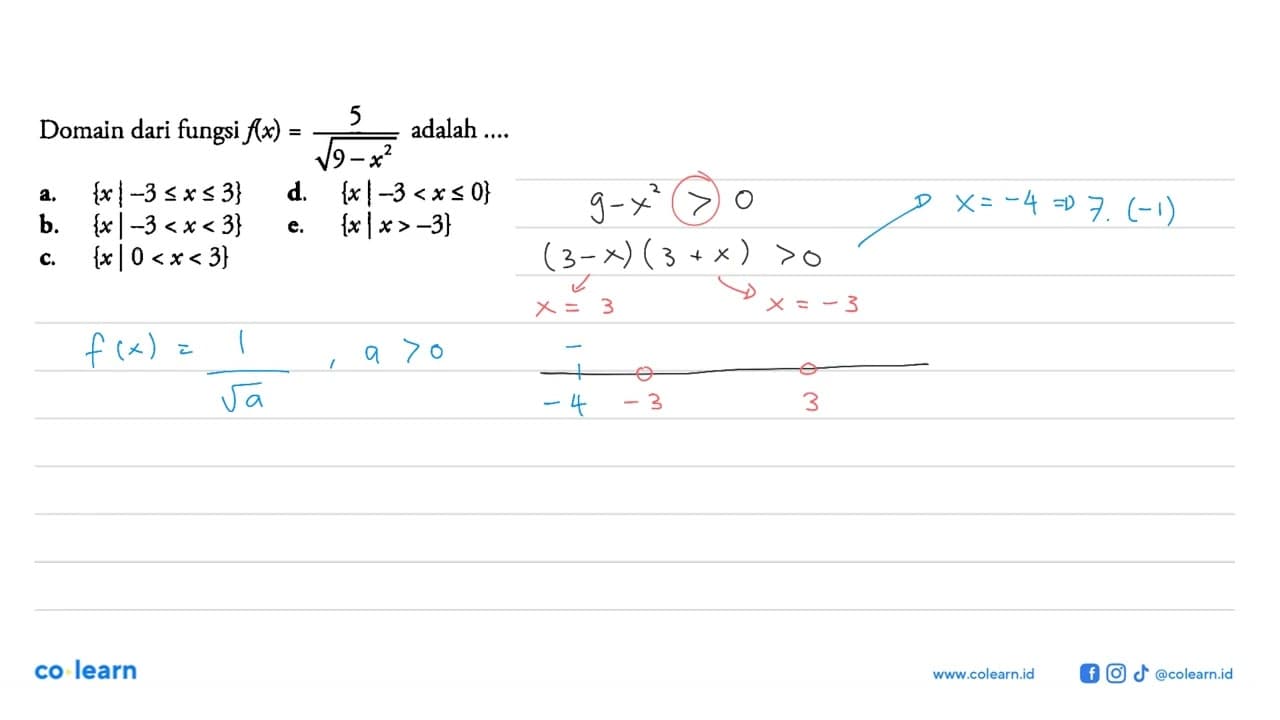 Domain dari fungsi f(x) = 5/akar(9-x^2) adalah ....