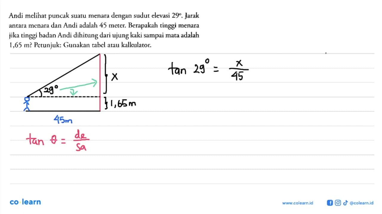 Andi meli puncak suatu menara dengan sudut elevasi 29.