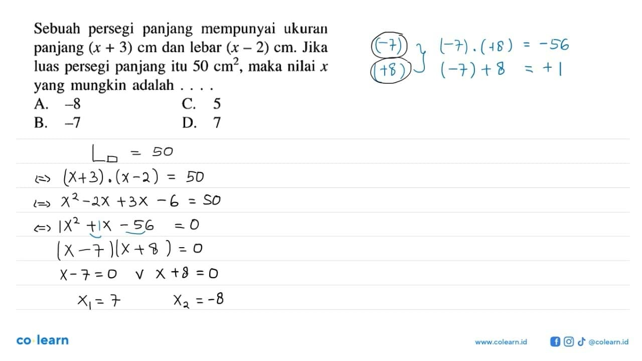 Sebuah persegi panjang mempunyai ukuran panjang (x+3) cm