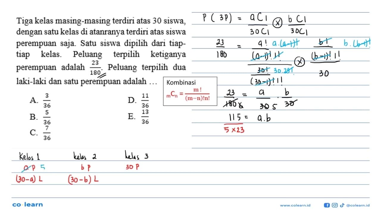 Tiga kelas masing-masing terdiri atas 30 siswa, dengan satu