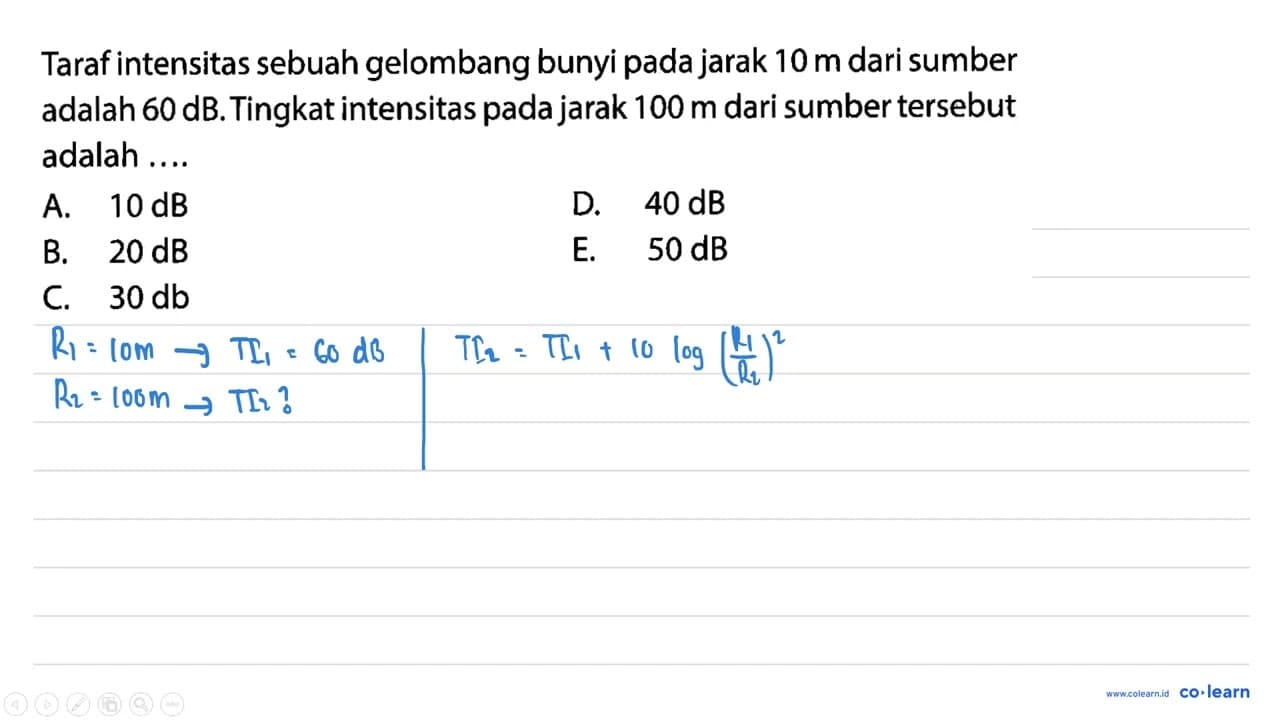 Taraf intensitas sebuah gelombang bunyi pada jarak 10 m