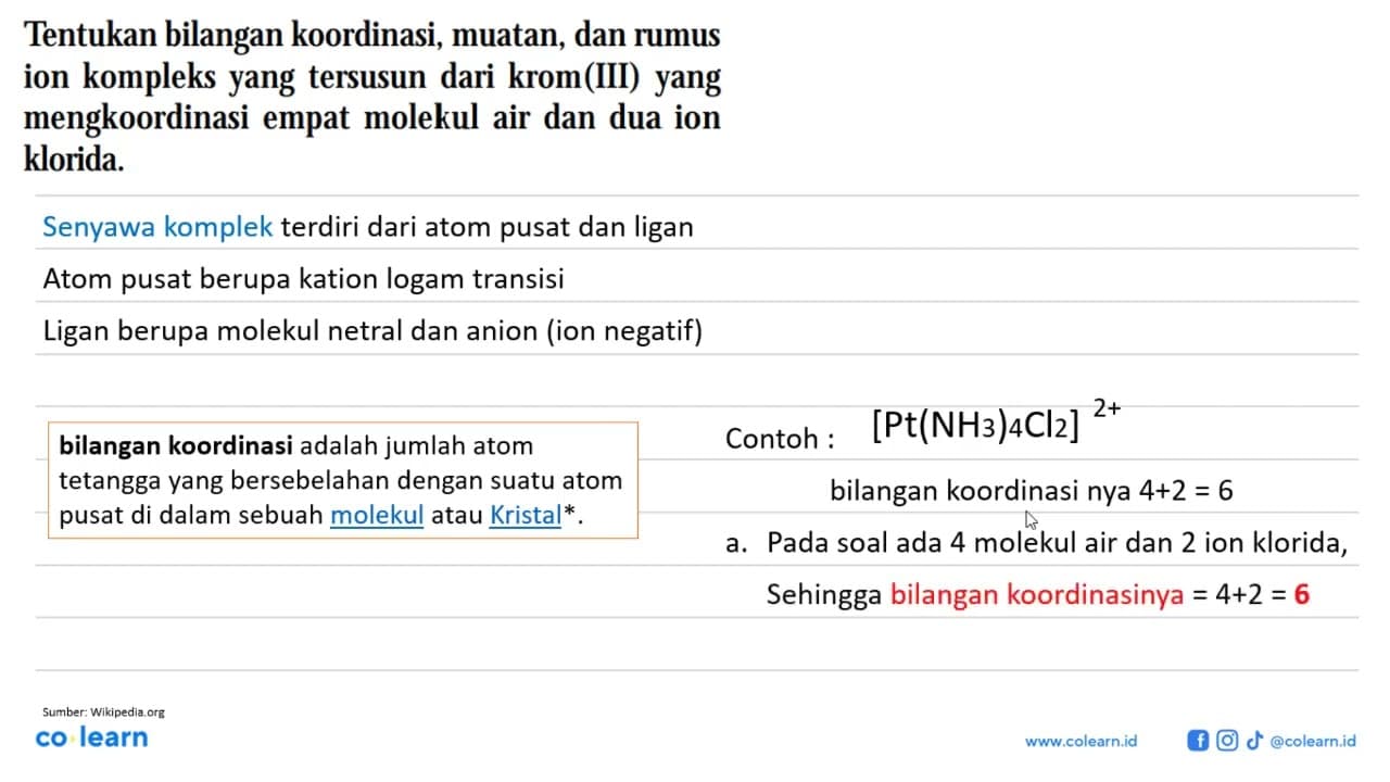 Tentukan bilangan koordinasi, muatan, dan rumus ion