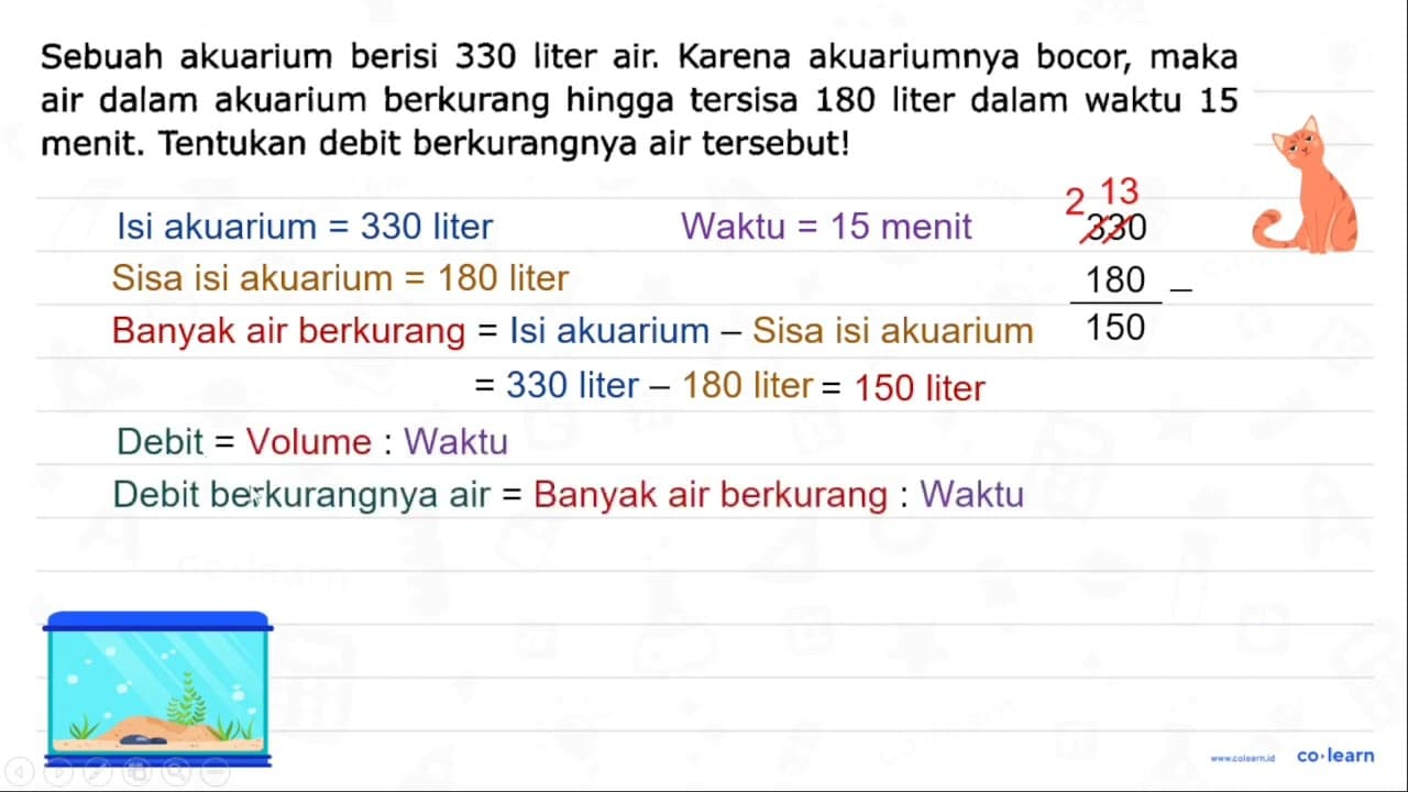 Sebuah akuarium berisi 330 liter air. Karena akuariumnya