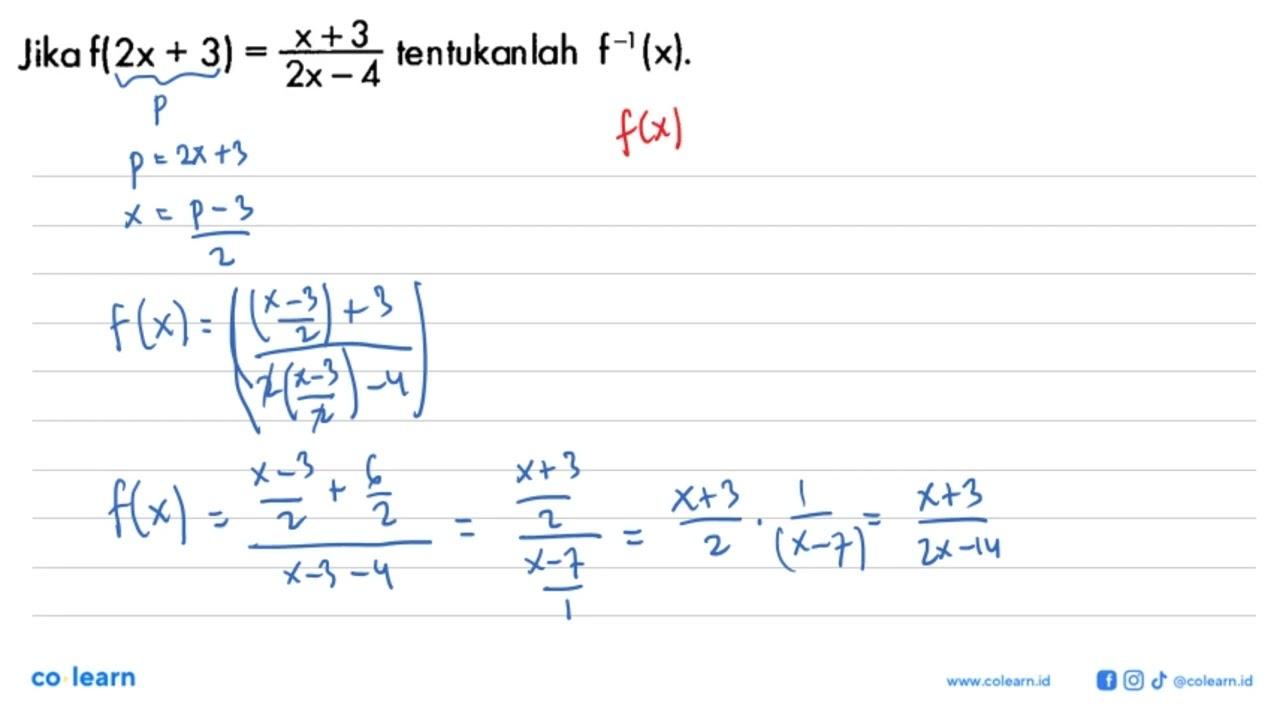 Jika f(2x+3)=(x+3)/(2x-4) tentukanlah f^(-1)(x).