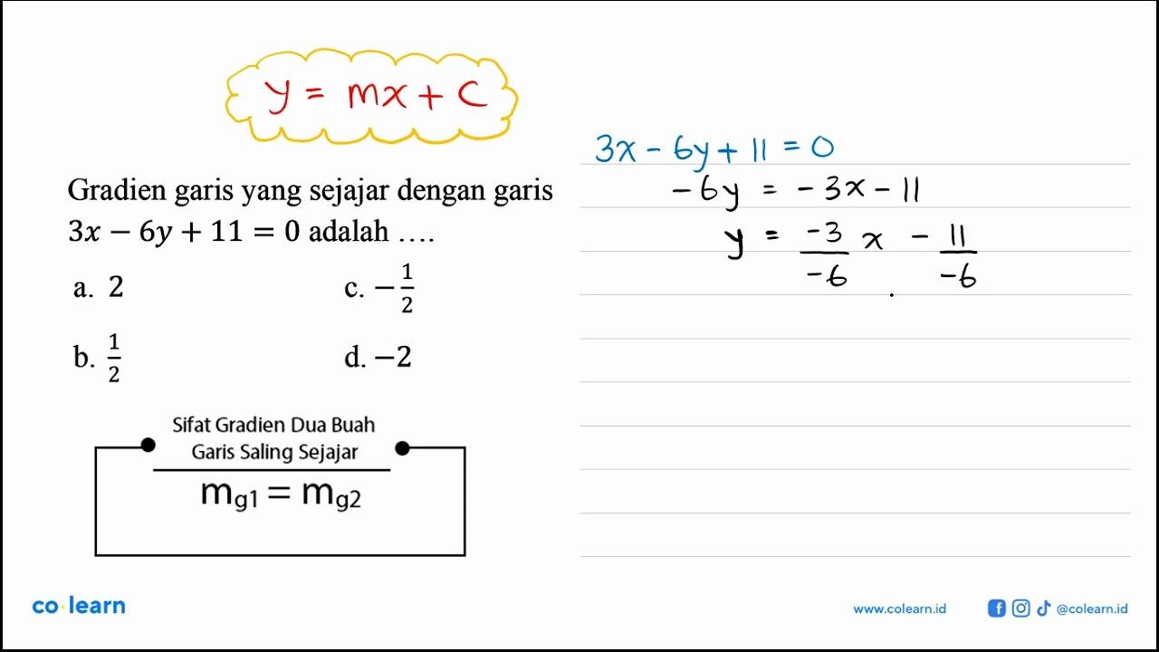 Gradien garis yang sejajar dengan garis 3x-6y+11=0 adalah