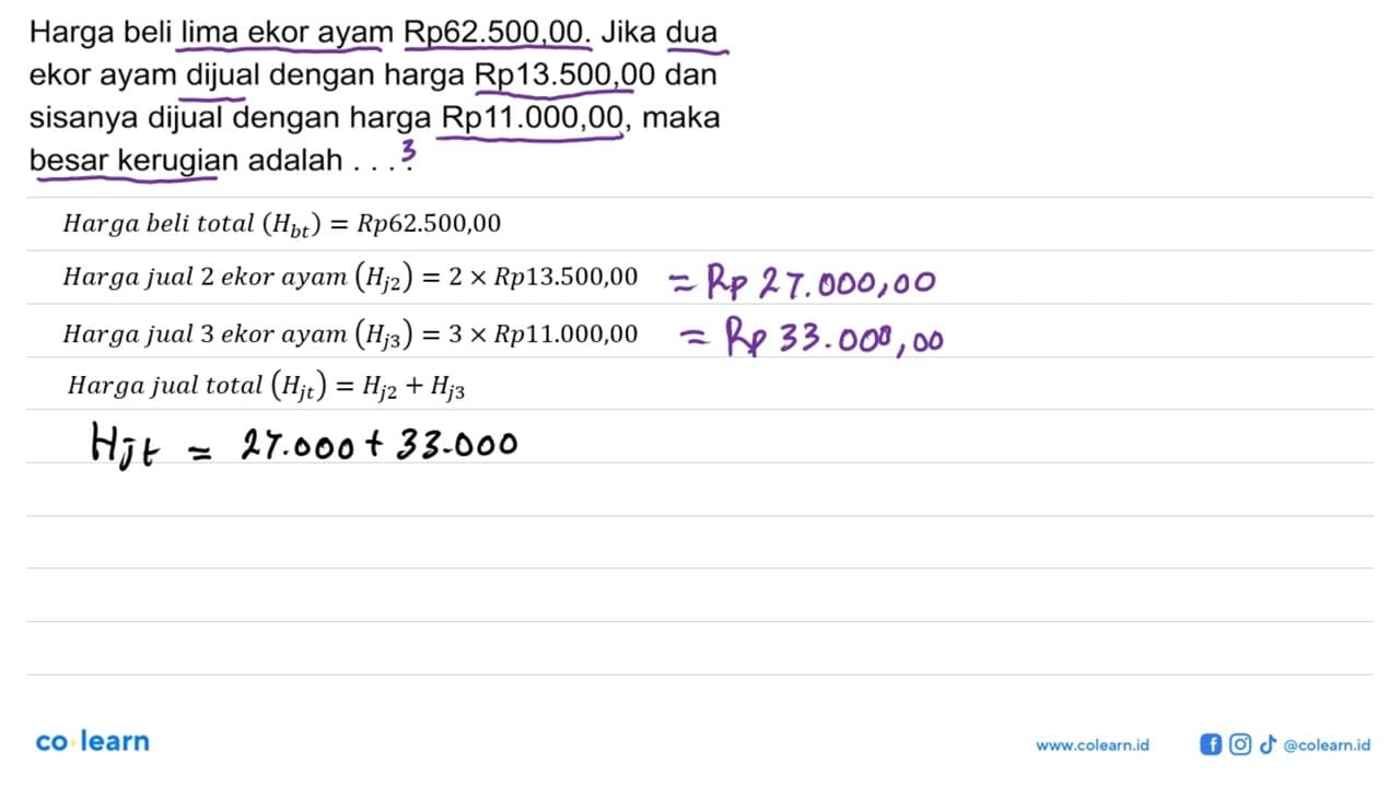 Harga beli lima ekor ayam Rp62.500,00. Jika dua ekor ayam