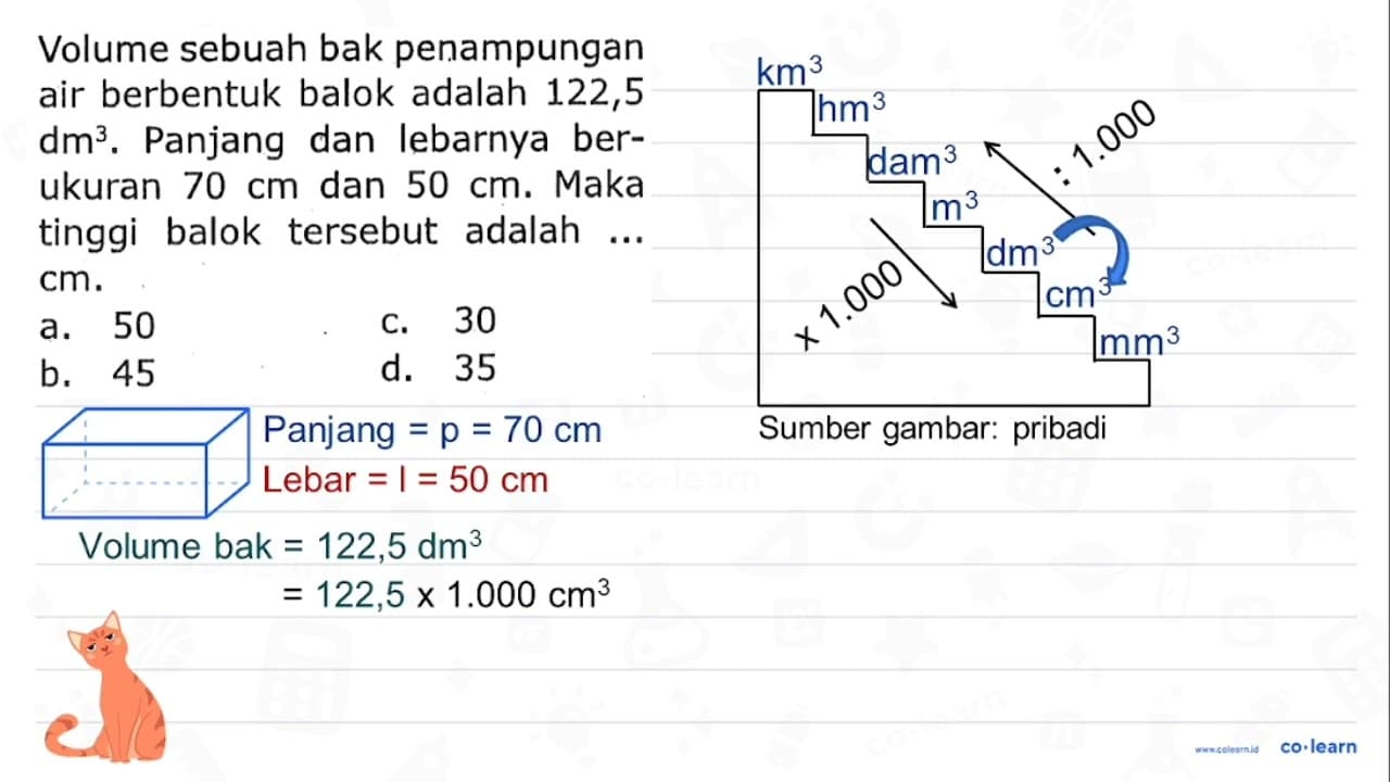 Volume sebuah bak penampungan air berbentuk balok adalah