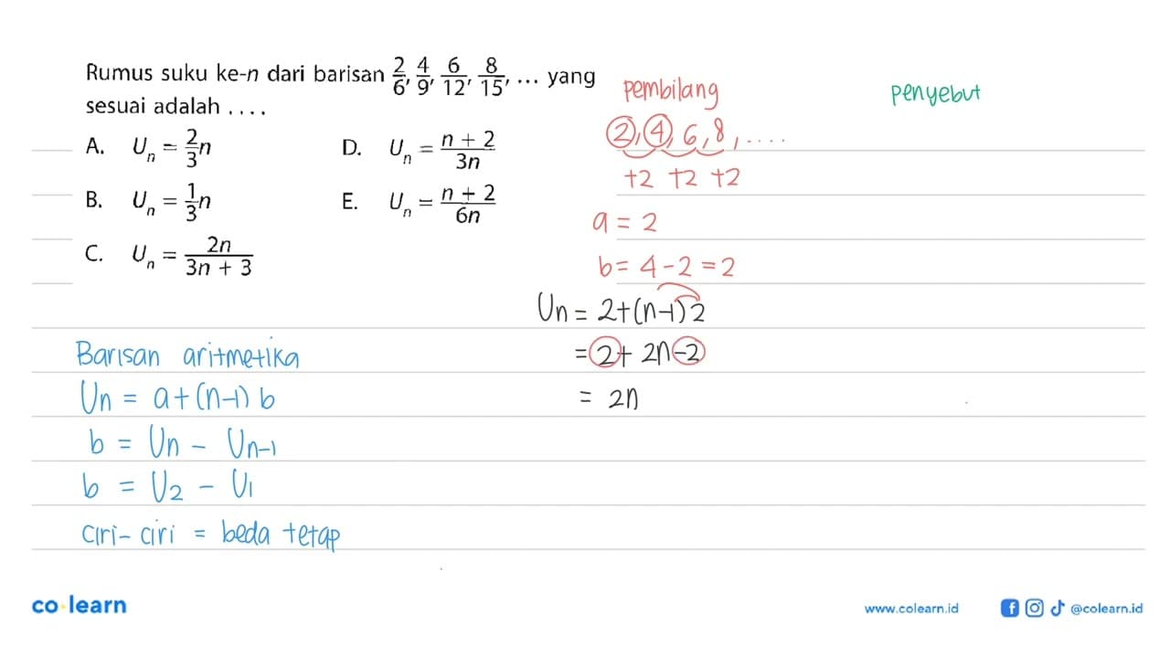 Rumus suku ke-n dari barisan 2/6, 4/9, 6/12, 8/15,.... yang