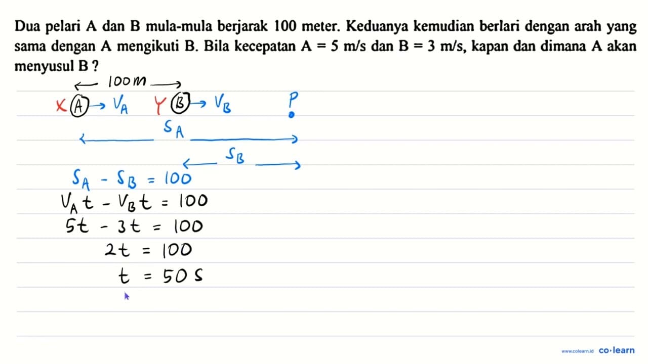 Dua pelari A dan B mula-mula berjarak 100 meter. Keduanya