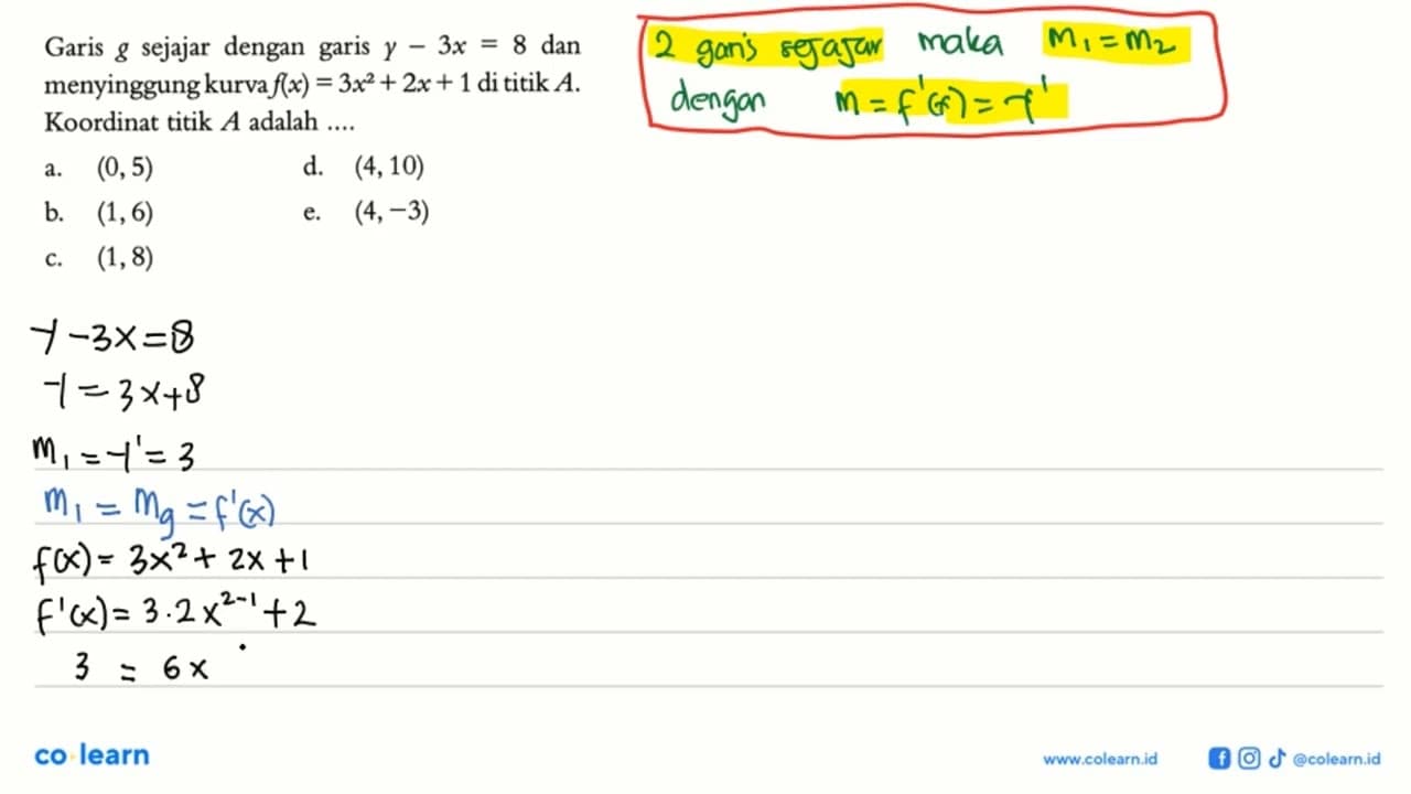 Garis g sejajar dengan garis y-3x=8 dan menyinggung kurva