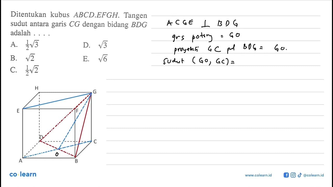 Ditentukan kubus ABCD EFGH Tangen sudut antara garis CG