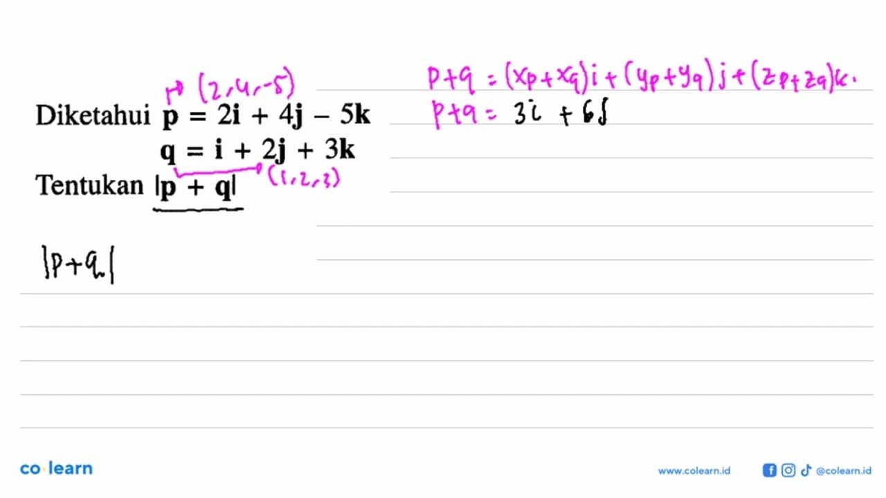 Diketahui p=2 i+4 j-5 k q=i+2 j+3 k Tentukan |p+q|