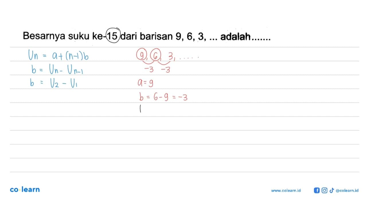 Besarnya suku ke-15 dari barisan 9,6,3, ... adalah......