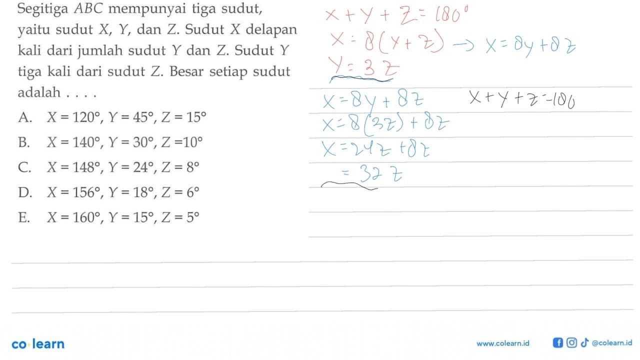 Segitiga ABC mempunyai tiga sudut, yaitu sudut X, Y, dan Z.