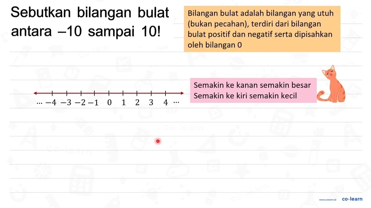 Sebutkan bilangan bulat antara -10 sampai 10 !