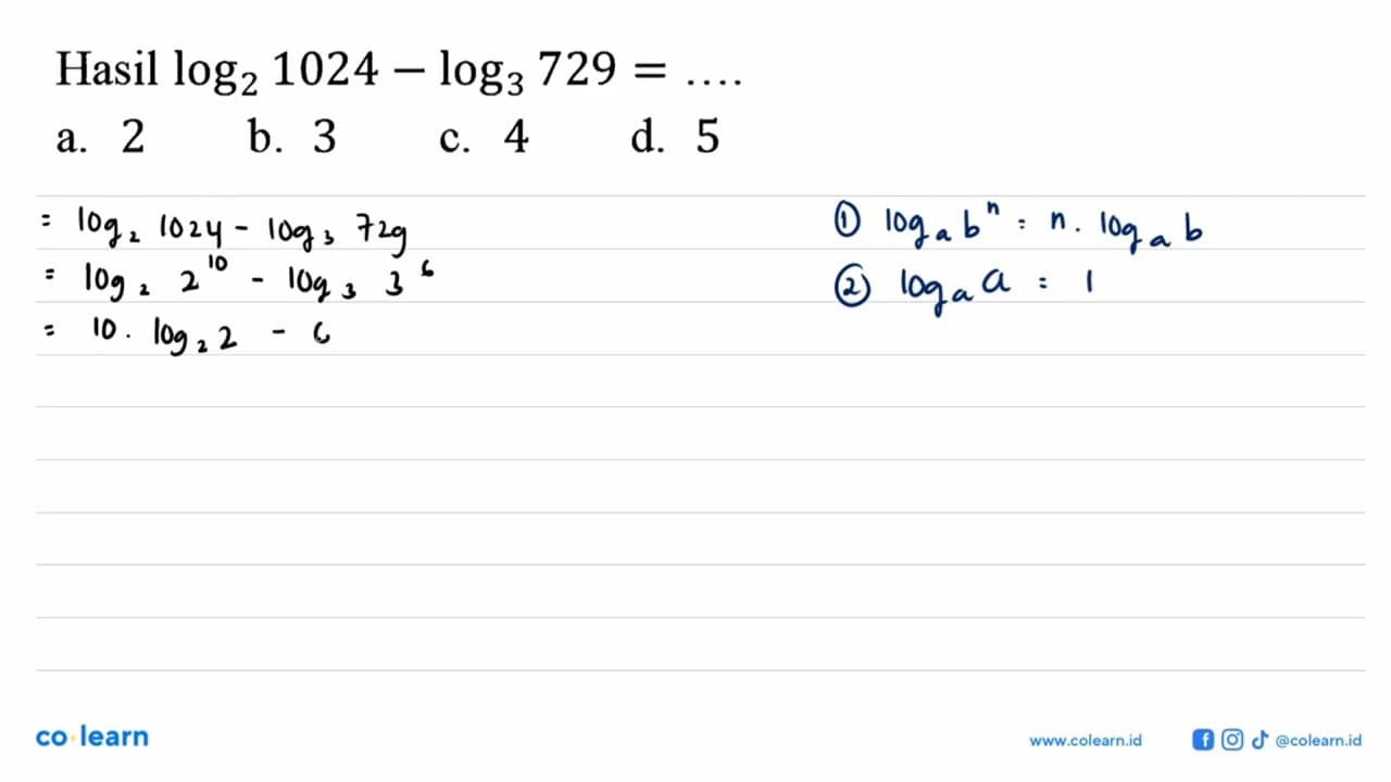 Hasil 2log1024-3log729=....