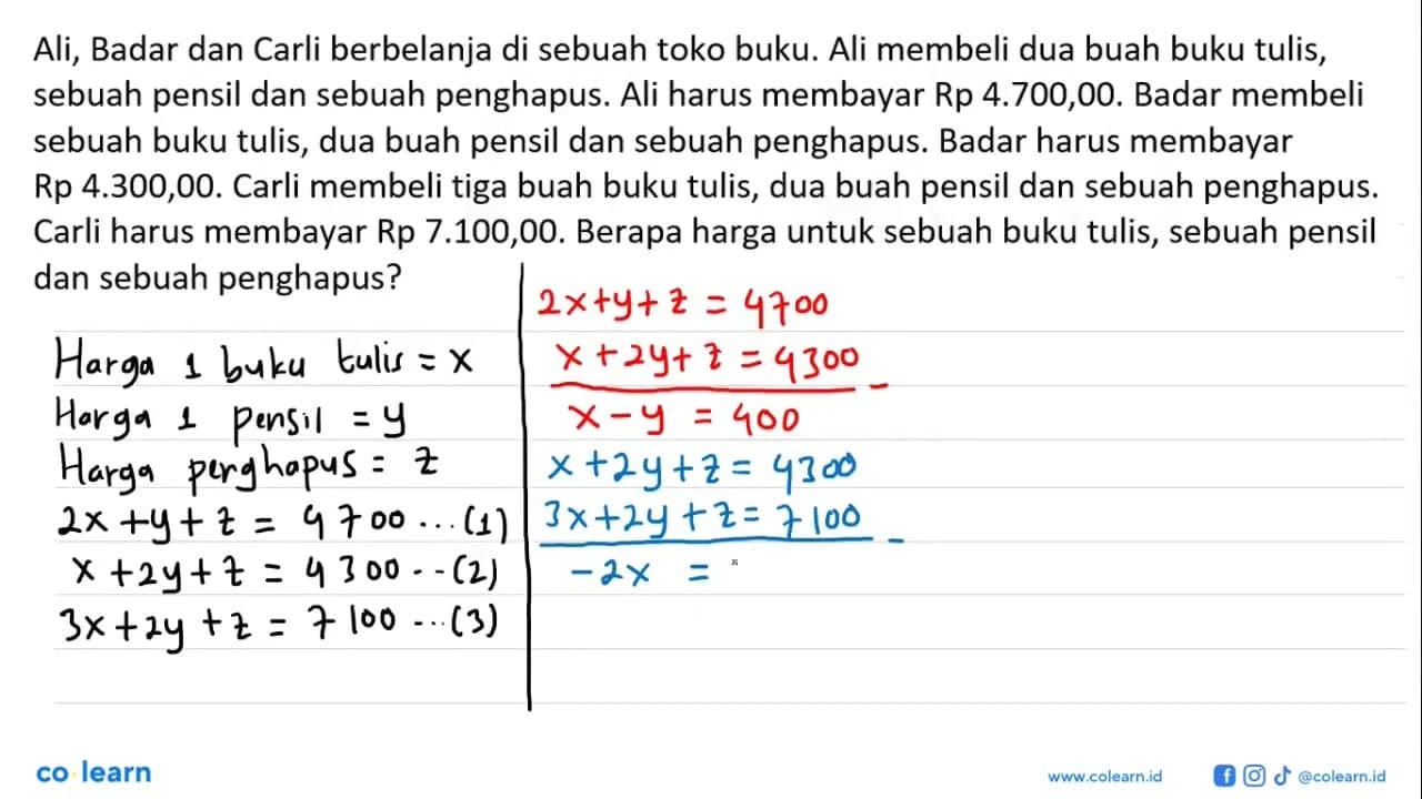 Ali, Badar dan Carli berbelanja di sebuah toko buku. Ali