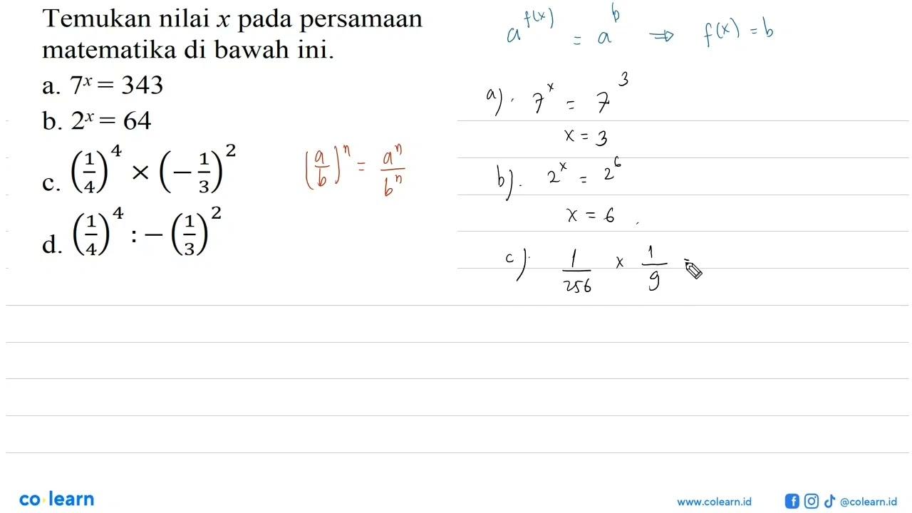 Temukan nilai x pada persamaan matematika di bawah ini. a.