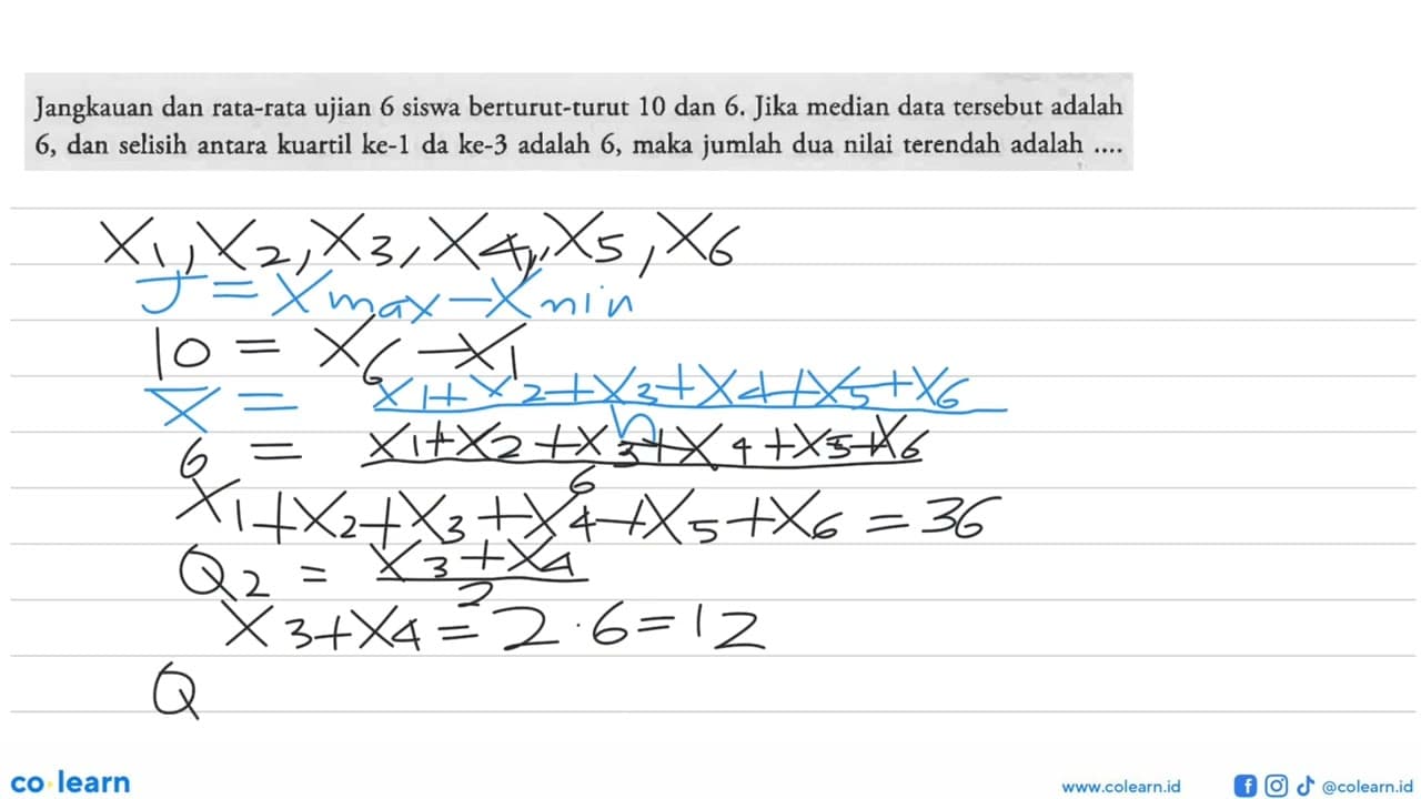 Jangkauan dan rata-rata ujian 6 siswa berturut-turut 10 dan