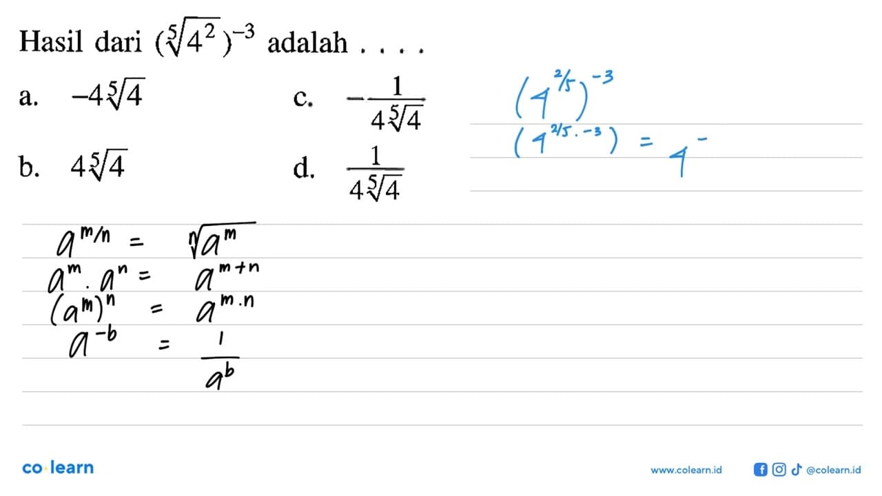 Hasil dari ((4^2)^1/5 )^-3 adalah