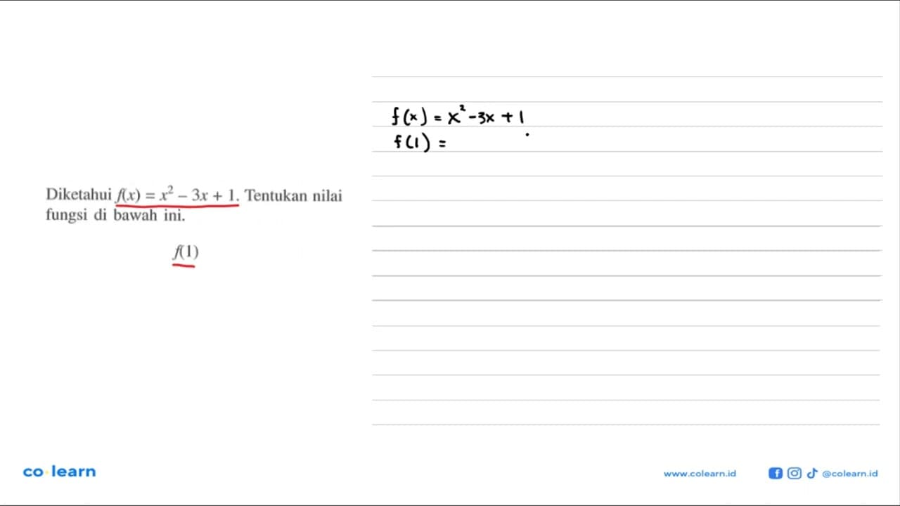 Diketahui f(x)=x^2-3x+1. Tentukan nilai fungsi di bawah