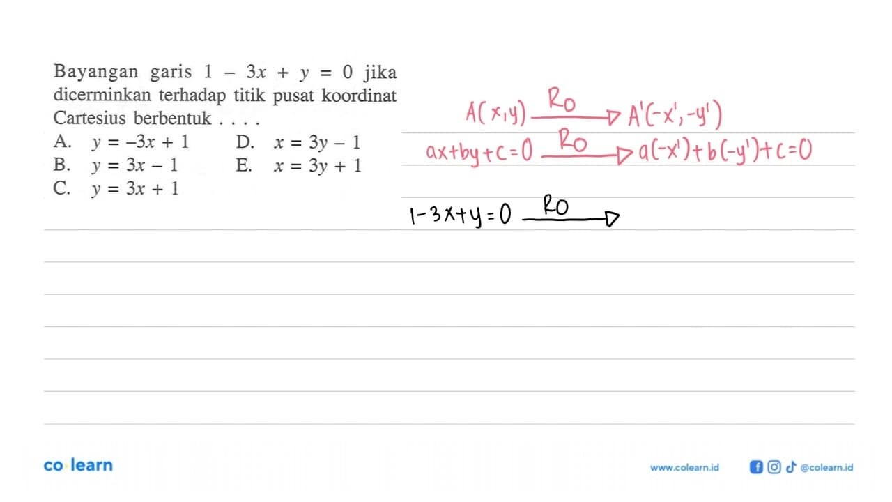 Bayangan garis 1-3x+y=0 jika dicerminkan terhadap titik