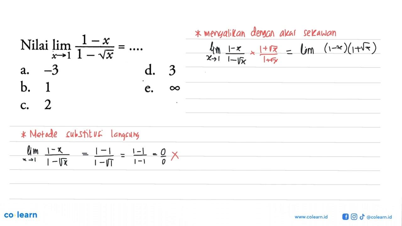 Nilai lim x->1 (1-x)/(1-akar(x))= ...