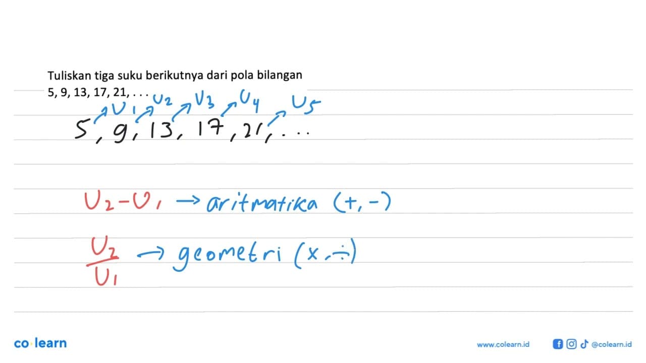 Tuliskan tiga suku berikutnya dari pola bilangan 5,9,13,