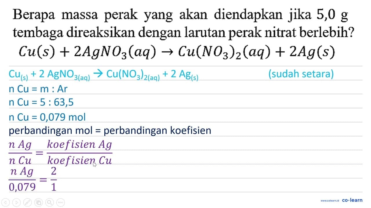 Berapa massa perak yang akan diendapkan jika 5,0 g tembaga
