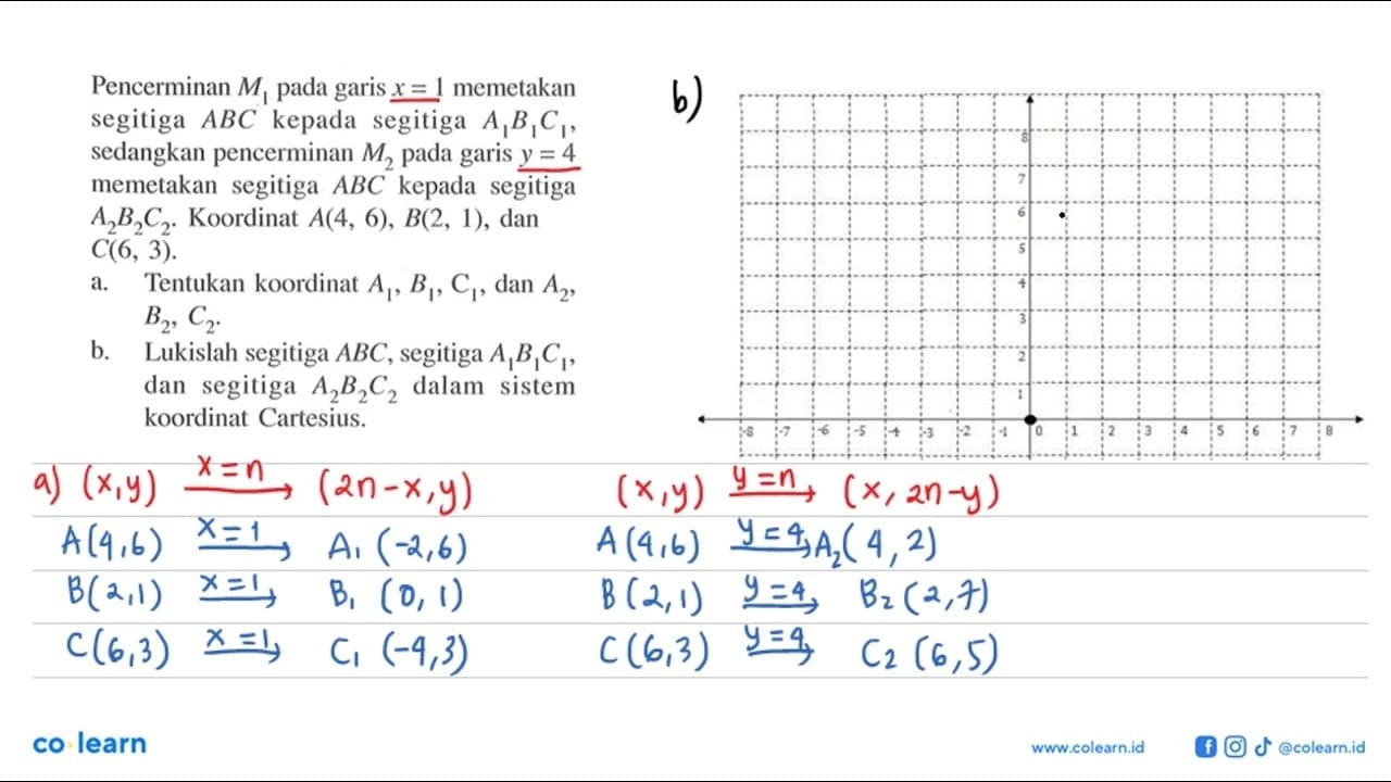 Pencerminan M1 pada garis x=1 memetakan segitiga ABC kepada