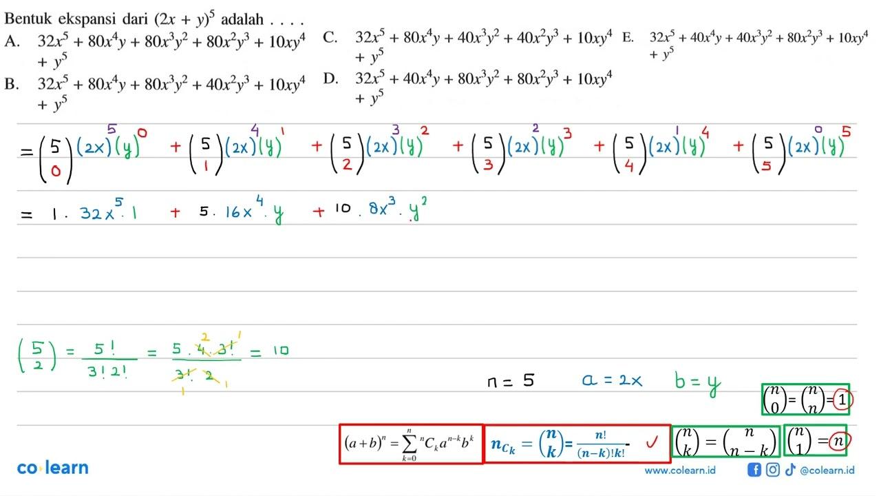 Bentuk ekspansi dari (2x+y)^5 adalah ...