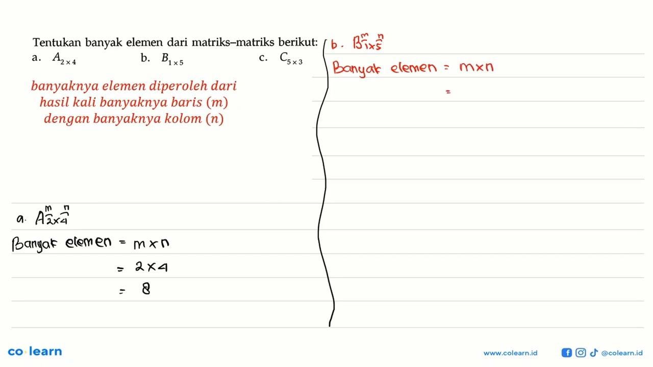 Tentukan banyak elemen dari matriks-matriks berikut: a.