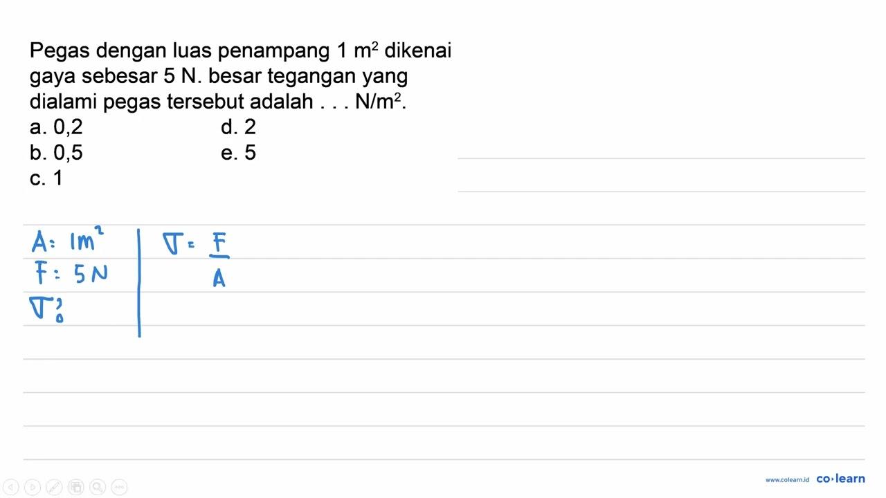 Pegas dengan luas penampang 1 m^2 dikenai gaya sebesar 5 N.