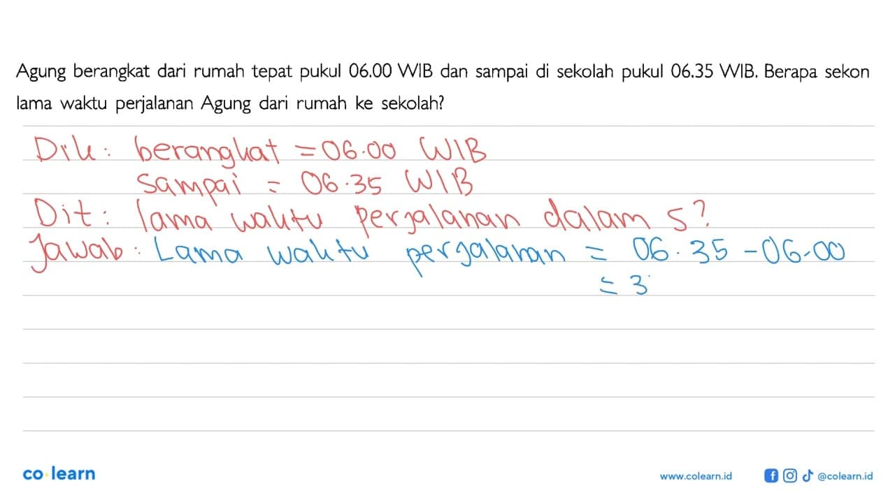 Agung berangkat dari rumah tepat pukul 06.00 WIB dan sampai