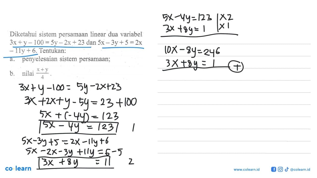 Diketahui sistem persamaan linear dua variabel 3x +y -100 =