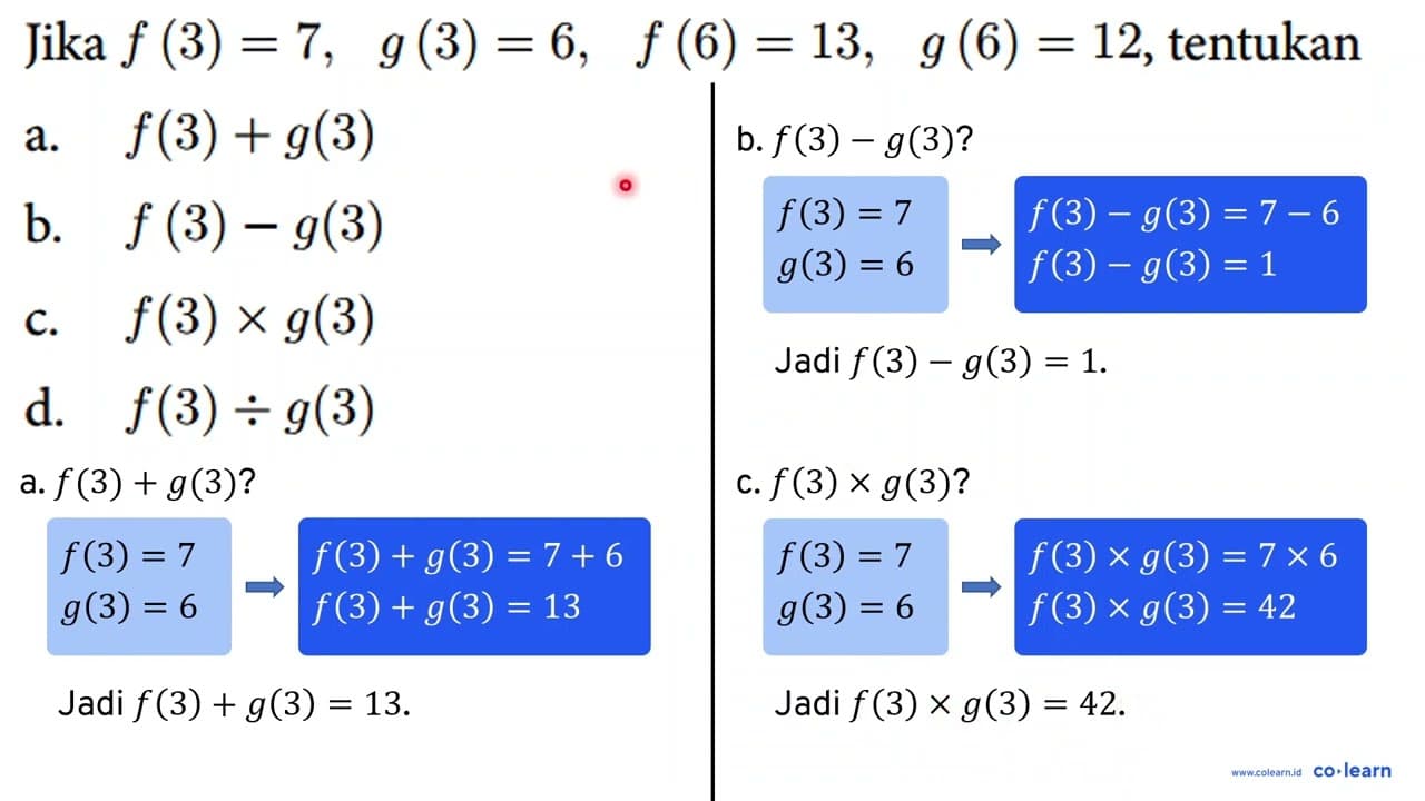 Jika f(3)=7, g(3)=6, f(6)=13, g(6)=12 , tentukan a.