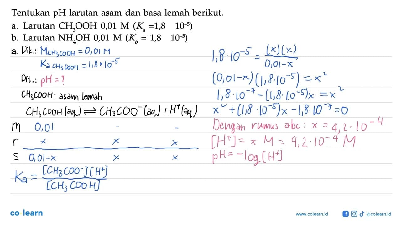 Tentukan pH larutan asam dan basa lemah berikut. a. Larutan